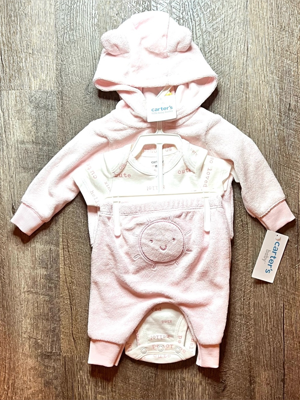 Carter's Baby Girls Newborn 3 Piece Pink Terry Hooded Outfit Set NWT